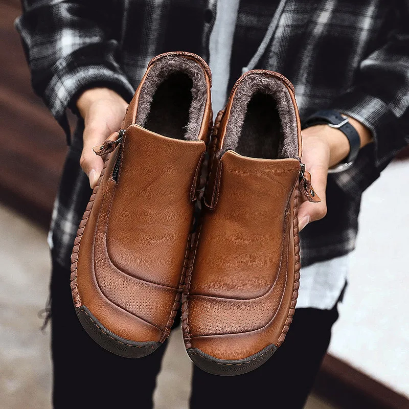 

Large Size 38-48 Fashion Men Boots with Fur Winter Warm Handmade Ankle Boots Hot Sale Snow Shoes Men Split Leather Boots Man