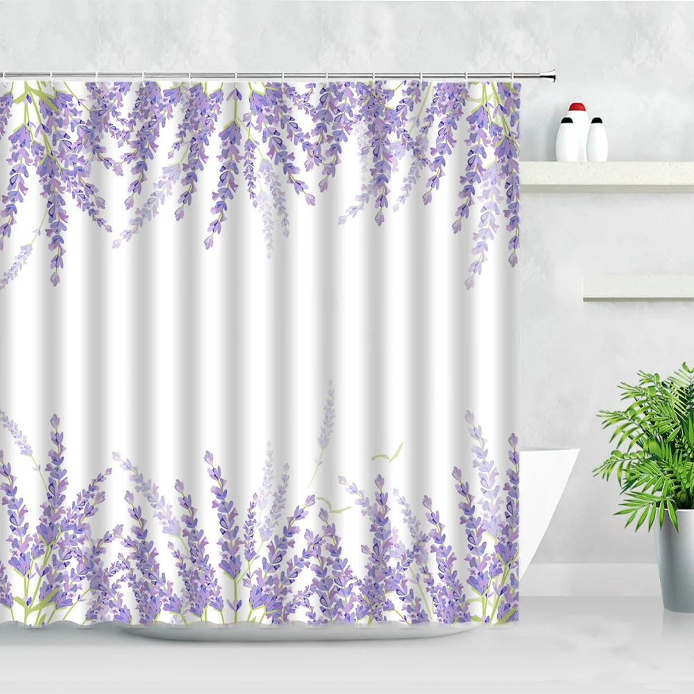 Floral Shower Curtain Set Purple Lavender Flowers Green Leaves 3D Printing Home Bathroom Decor Waterproof Fabric Bath Curtains