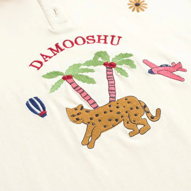 Женская хлопковая Футболка с леопардовой вышивкой и отложным