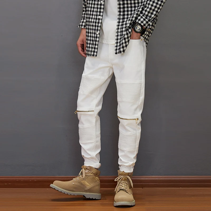 

Newly Street Style Fashion Men Jeans White Elastic Slim Fit Biker Jeans Men Spliced Designer Hip Hop Denim Punk Pencil Pants
