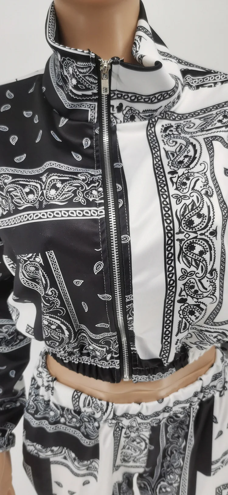 

Echoine Autumn Vintage Print Zipper Jacket Short Crop Jacket Causal Paisley Print Long Sleeve Tops Jogger Pants Suit Outfit