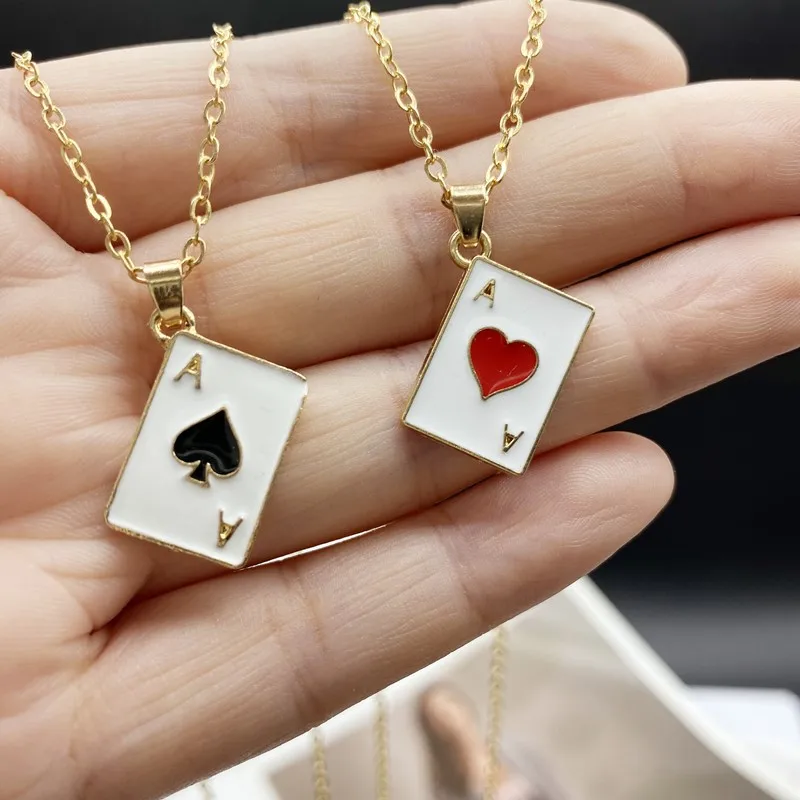 Statement Poker Necklace Lucky Ace of Spades Pendant Necklace Red Black Golden Color Link Chain  Jewelry Fortune Playing Cards