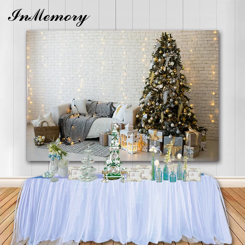

InMemory White Wall Christmas Background Christmas Tree Shiny Lights Sofa Holiday Party Photography Backdrop Photo Booth Props