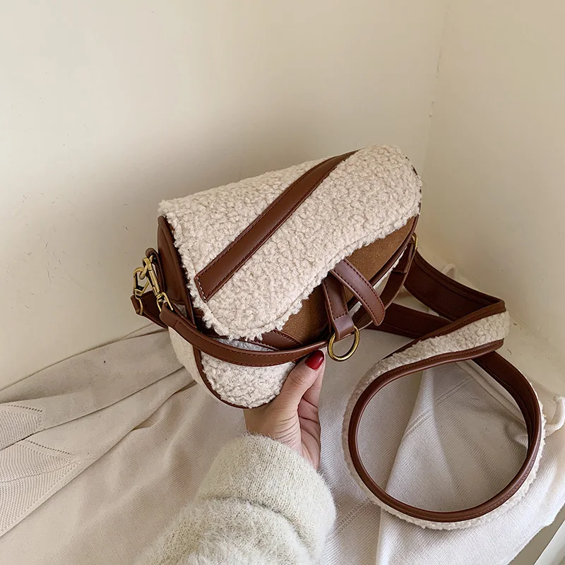 

Winter Lamb Wool PU Leather Splicing Small Saddle Bag High Quality Women Crossbody Bag Lady Luxury Messenger Shoulder Bag Suede