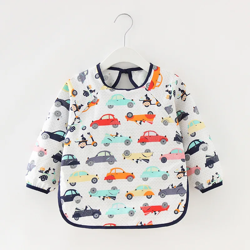 Dark grey Cartoon Long Sleeve Baby Bibs Cotton Waterproof Reversible Bandana Bibs Children Eating Drawing Apron Baby Feeding Burp Cloth - Color: Dark grey