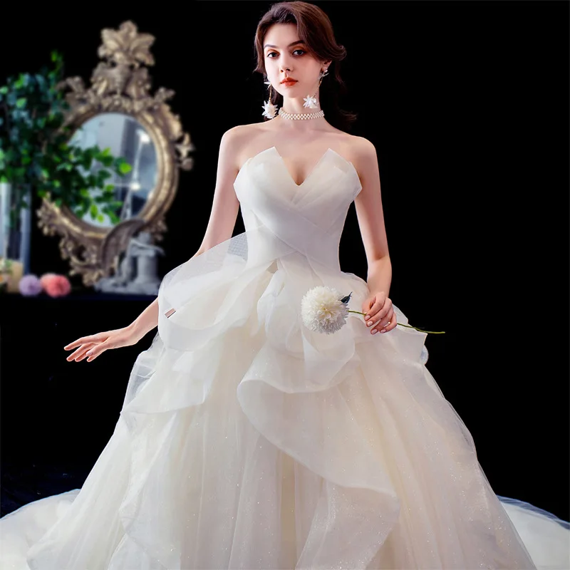 2021 Strapless Wedding Dress With Brush Train Lace Up Bridal Ball Gown Classic Robe De Mariee Customize Vestido De Noiva