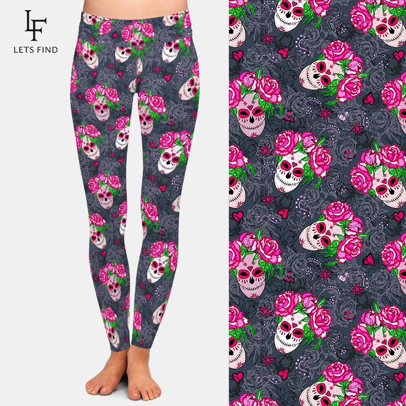 LETSFIND 2020 новые модные женские брюки с рисунком черепа и розовых роз высокой талией