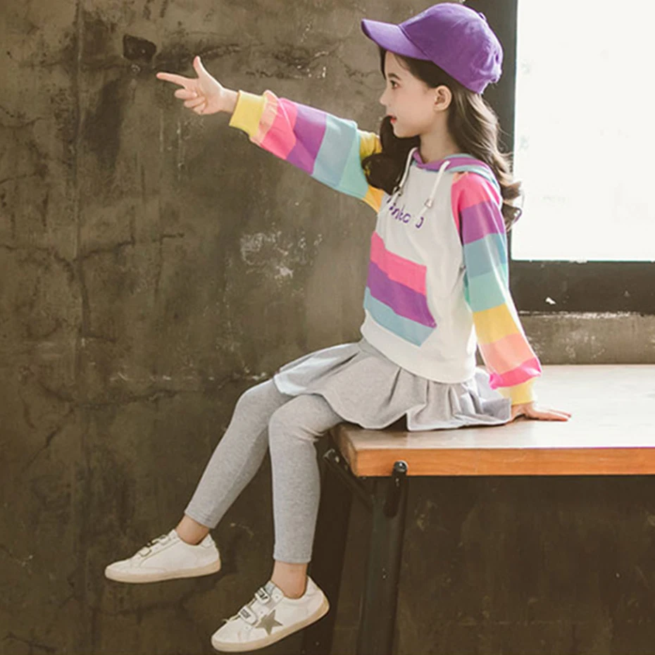 Одежда для девочек плиссированная юбка брюки и толстовки костюм в радужную