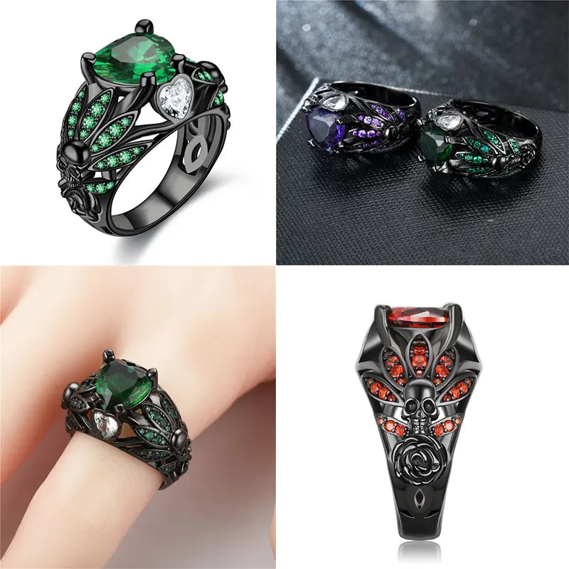 Женское кольцо в виде черепа с фиолетовым кристаллом и фианитом | Украшения