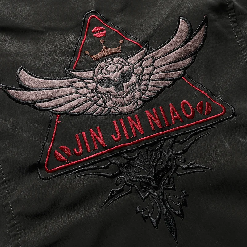Мужская кожаная куртка бомбер с вышивкой на рукавах мотоциклетная шерстяная