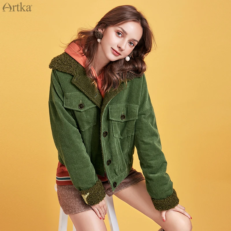 

Женская Вельветовая куртка ARTKA MA10092Q, теплая куртка-бомбер из овечьей шерсти с длинным рукавом, Повседневная Верхняя одежда для зимы, 2019