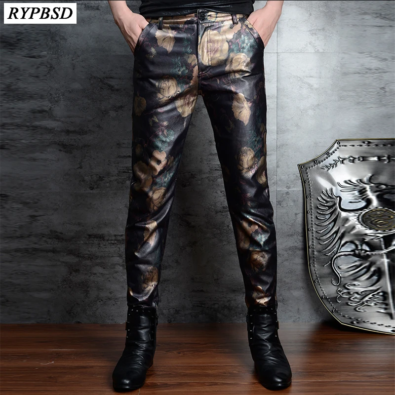 Брюки из искусственной кожи с цветочным принтом мужские кожаные брюки на молнии