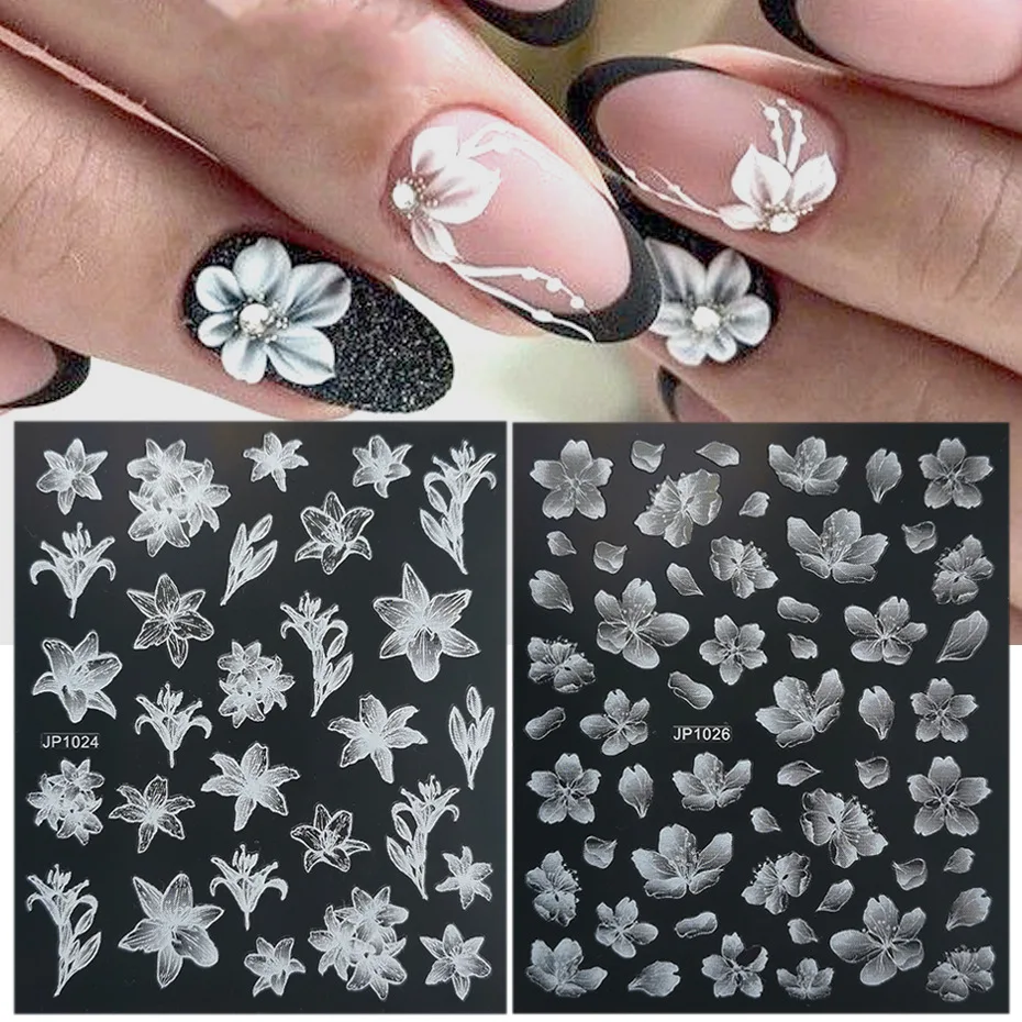 

1 Pc 5D White Embossed Swan Flower Design Nail Stickers Adhesive Transfer Slider For Nail Art Moon Pattern Manicure Decals TZ36