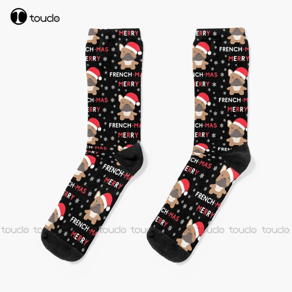 

Merry French Mas - Funny Christmas French Bulldog Xmas Dog Socks Mens Black Crew Socks Personalized Custom 360° Digital Print