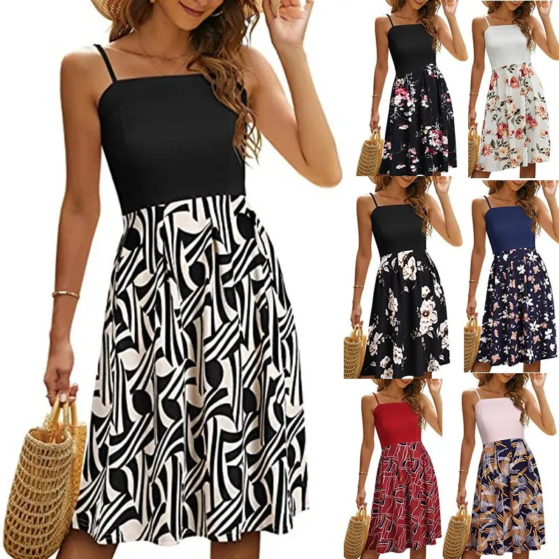 Женское лоскутное Повседневное платье на тонких бретельках с цветочным принтом