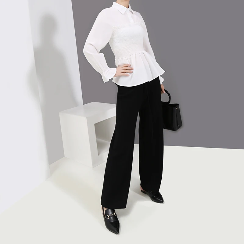 * Новинка 2019 Корейская Стильная однотонная белая женская блузка рубашка брюки