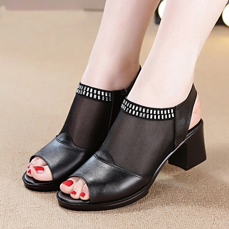 

BEYARNE 2020Genuine Leather Women Sandals Summer Shoes Black Air Mesh Open Toe Rhinestone Chunky Heels Sandals Women High Heels