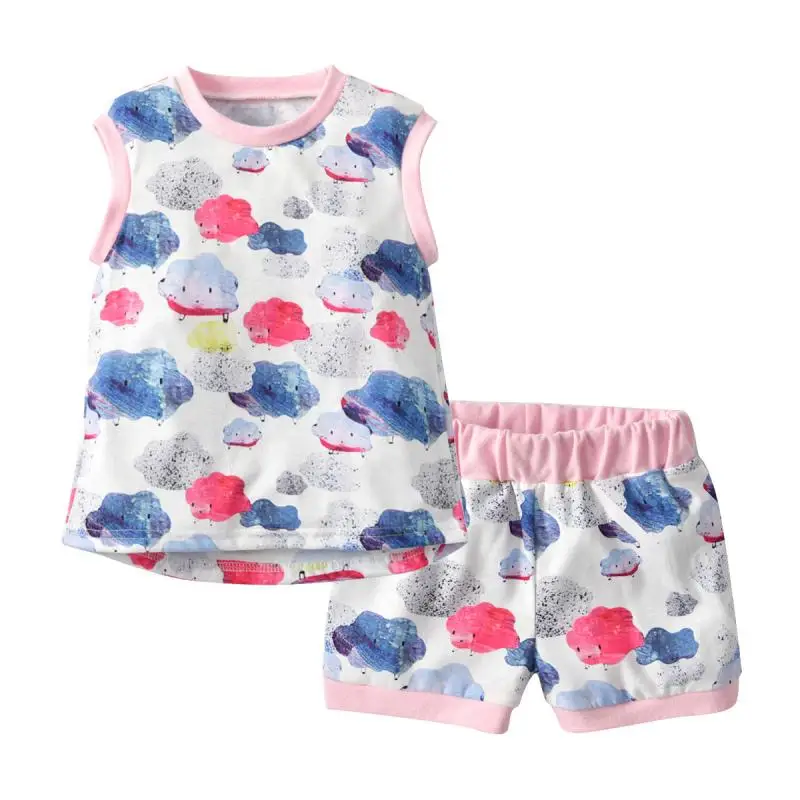 

2021 Summer New Vest Shorts Cloud Printing Children Suit Treasure Knitted Two-piece Suit 1-3Y Girls Clothes Set High Quality