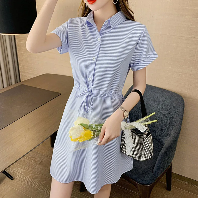 Летнее короткое платье рубашка для женщин 2021 офисные платья элегантные в синюю