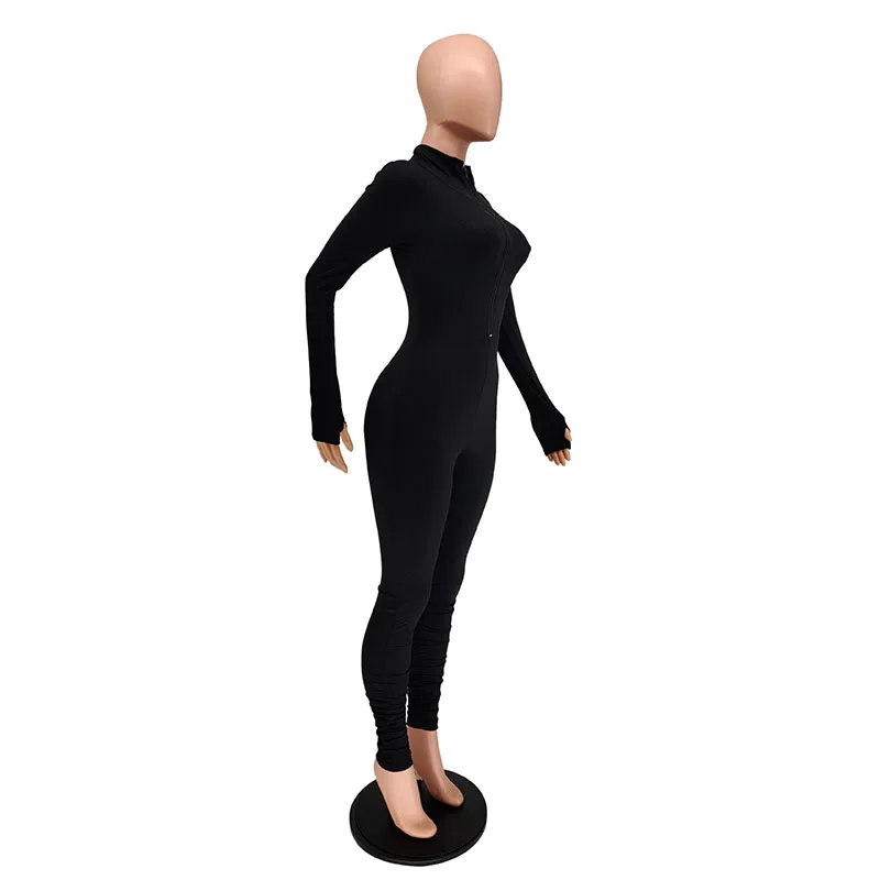 

Autumn Women's Ribbed Solid Color Zipper Pleated Jumpsuit Long Sleeve Bodysuit