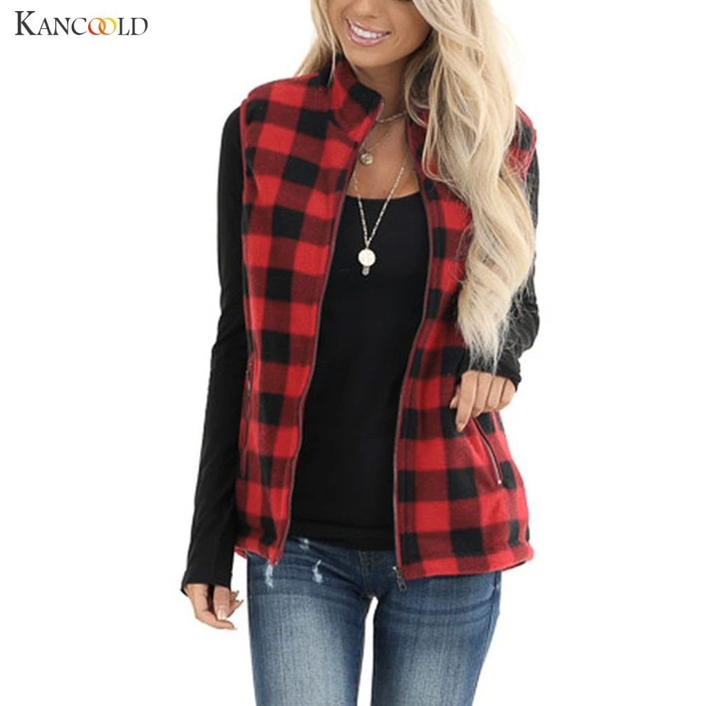 KANCOOLD coats Womens Open Front Color Block Lapel Sleeveless Plaid Pockets Vest Cardigan fashion new Coat women 2019NOV25 | Женская