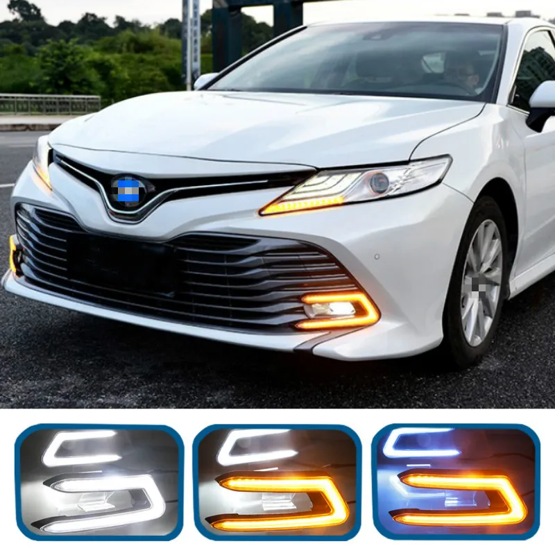 

1 Pair For Toyota Camry 2018 Car LED DRL Daytime Running Lights fog lamp cover Daylight Turn yellow and night blue