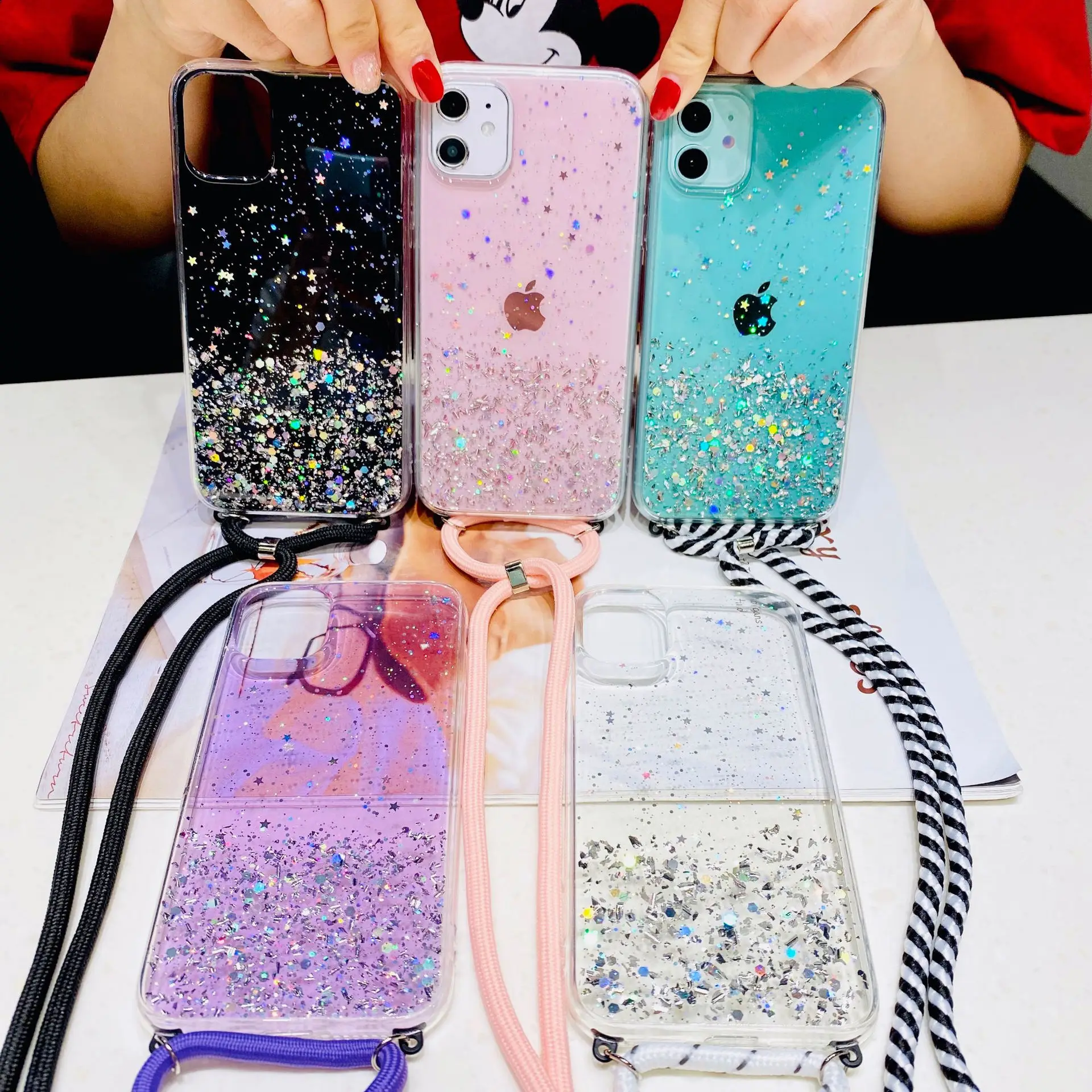 

Strap Cord Chain Case for Iphone 11 Pro Max XS Max XR X 6 7 8 Plus NFC Lanyard Glitter Cover Gradient Rainbow Sequins for Case