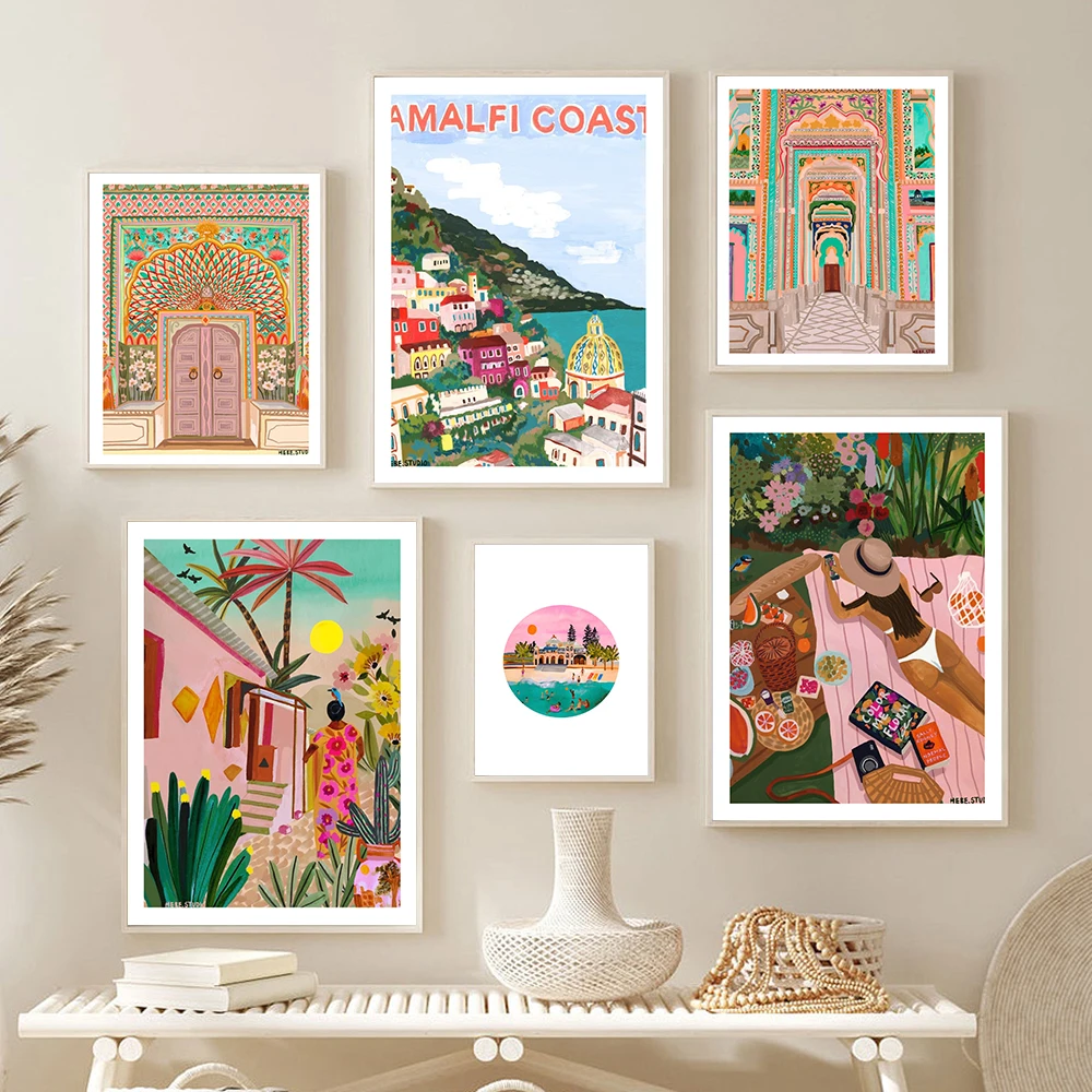 

Moroccan Pink Lotus Gate Palm Building Wall Art Canvas Poster Nordic Sunset Swimmers Print Painting Mosque Decorative Picture