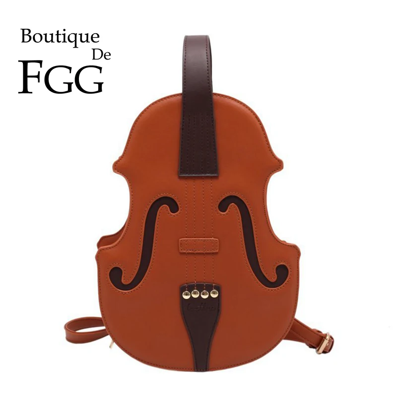 

Boutique De FGG Brown Violin Shape Pu Leather Shoulder Bag for Teenage Girls School Bag Fashion Travel BackpackMultiple Using