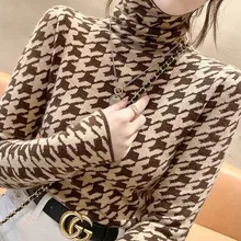 Winter 2021 Women's Turtleneck Sweater Korean Fashion Fleece Houndstooth Luxury Sweater Pull Femme S