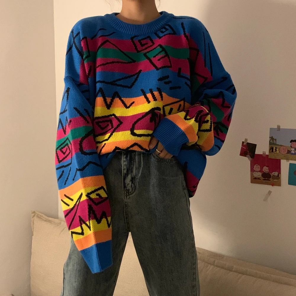 

Chic Retro Crazy Style Loose Pull Femme Graffiti Lover Rainbow Striped Knit Sweater O Neck Long Sleeve Patch Pulllover
