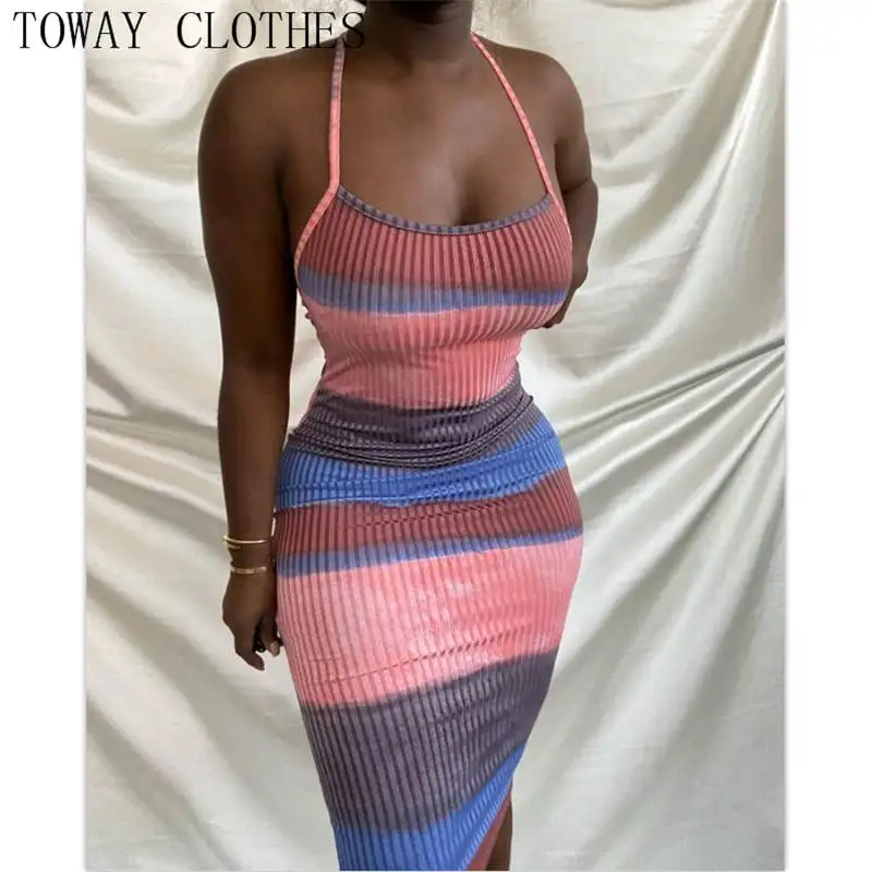 

Women Halter Spaghetti Strap Tie Dye Print Colorblock Crisscross Backless Dress Skinny Midi Dresses