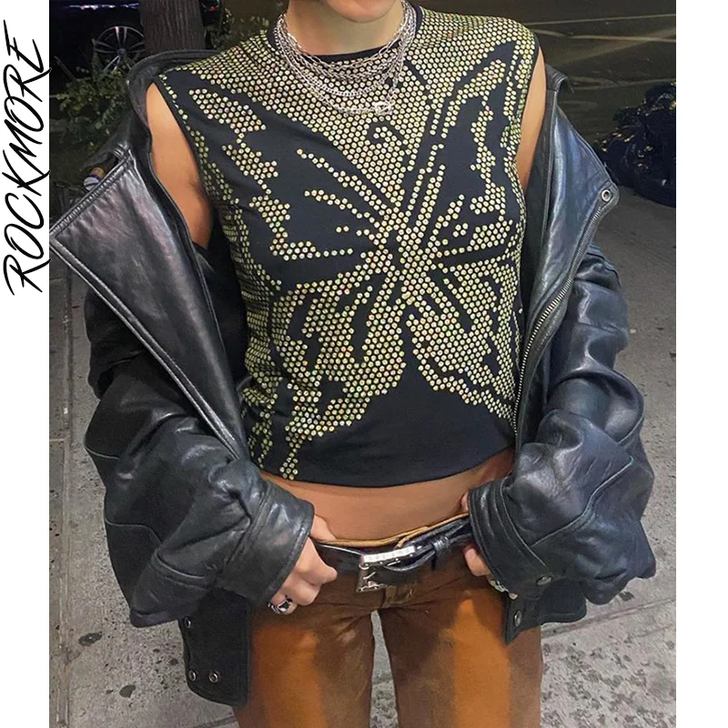 

Rockmore Gothic Print Crop Tops Women Y2K Punk Style Tank Top 2000s Vintage Butterfly Graphic Tee Casual Sleeveless Camis Grunge