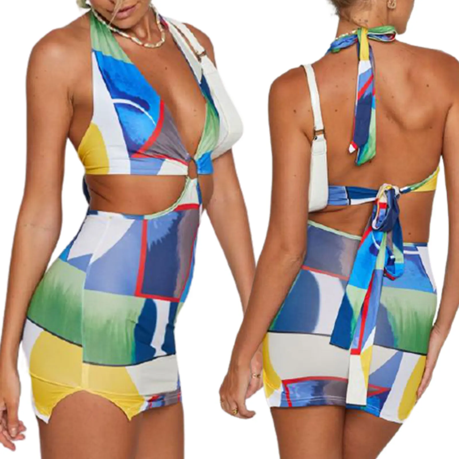 

Платье женское с геометрическим принтом, сарафан без рукавов с V-образным вырезом и лямкой на шее, голубое, S/M/L/XL