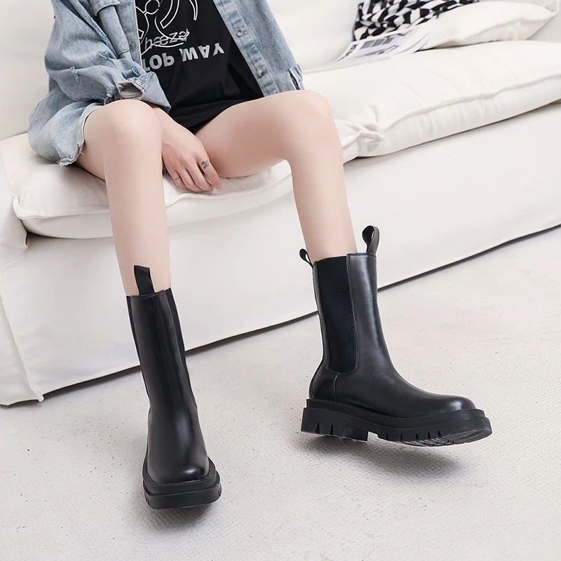

Женские ботильоны для весны, черные мотоциклетные ботинки больших размеров, удобные кожаные ботинки для увеличения роста