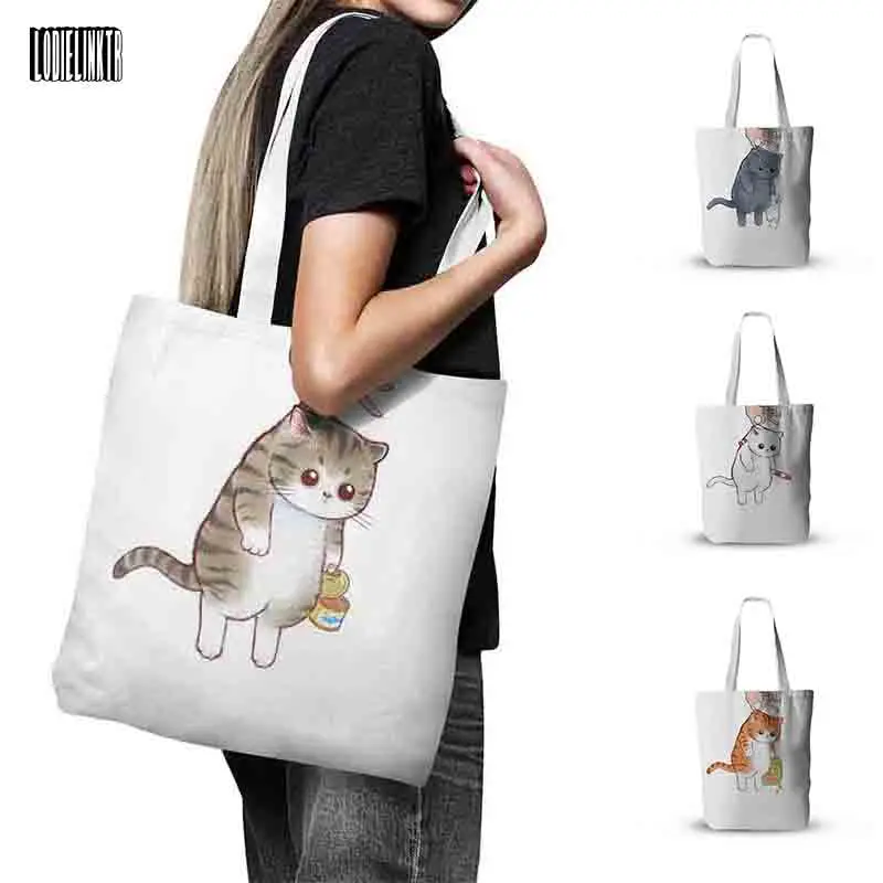 

Funny Cat Women Canvas Bag Casual Large-Capacity Shopper Bag Cute Girl's Tote Bag Shoulder Bag Men Designer Reusable Grocery Bag