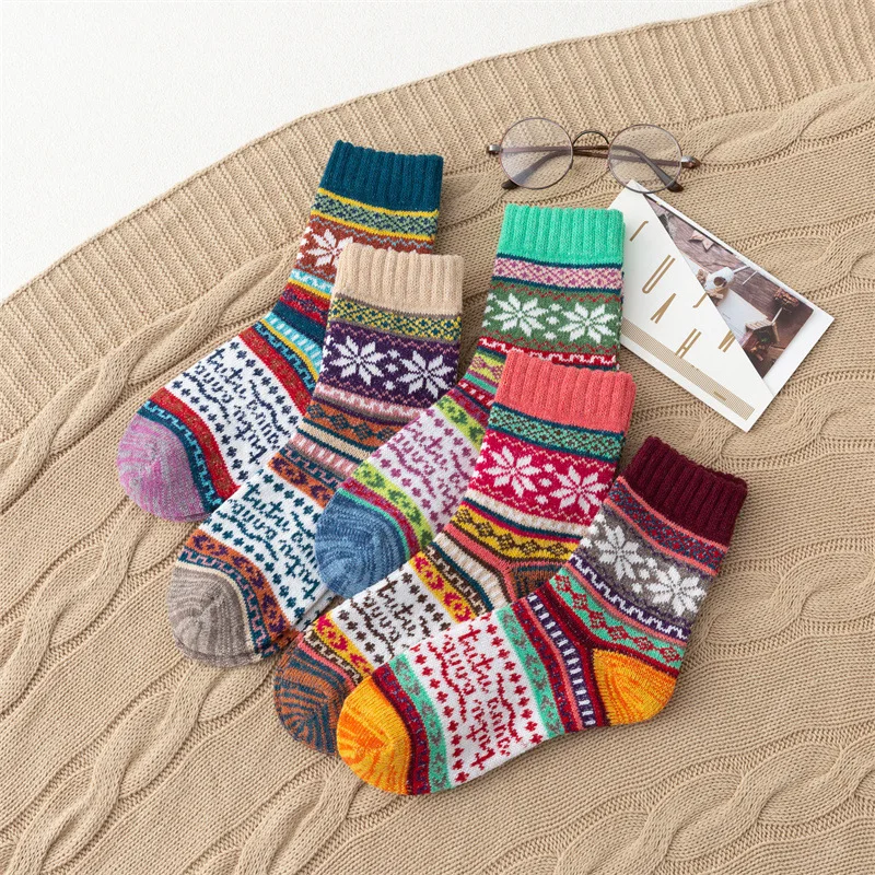 

5 Pairs Women's Socks Witner Warm 2022 Thick Wool Vintage Christmas Colorful Gift Striped Symbol Flowers Diamond Geometry Wave