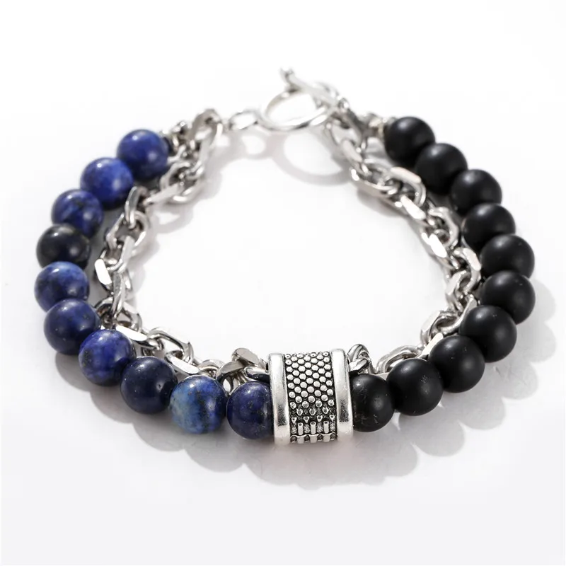 

New Charms Men's Tiger Eye Howlite Marble Stone Beaded Bracelet Stainless Steel Link Chain Bracelet Women Jewelry Gift for Party