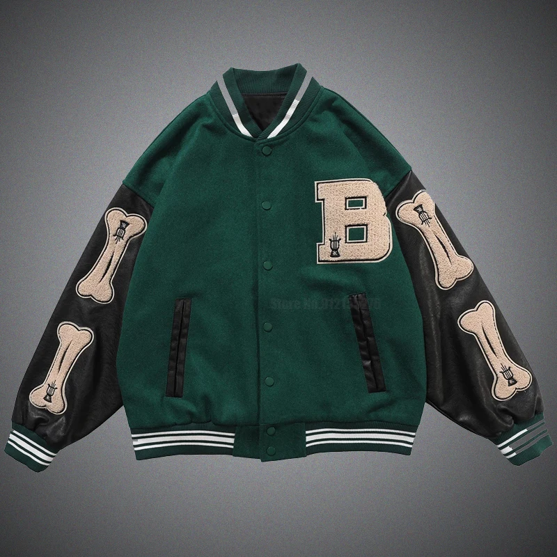 

Hip Hop Furry Bone Patchwork Color Block Jackets Men Harajuku College Style Bomber Jacket Male Casual Baseball Coat Dropshipping
