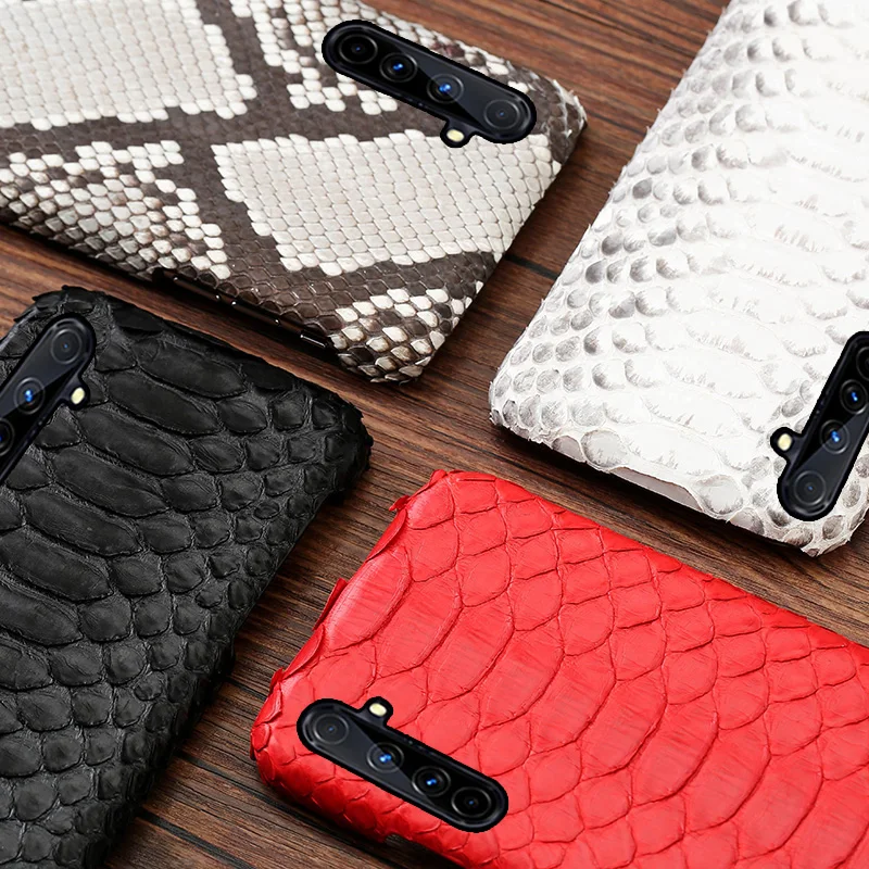 

Genuine Leather Phone Case For Realme 3 5 6 X Lite XT X2 X50 Pro Q Cases Natural Python Skin Cover Luxury Snake Skin Funda Capa