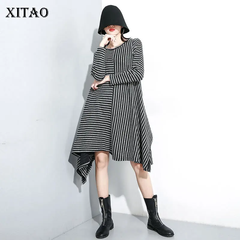 XITAO асимметричное лоскутное Полосатое приталенное платье женская одежда 2019
