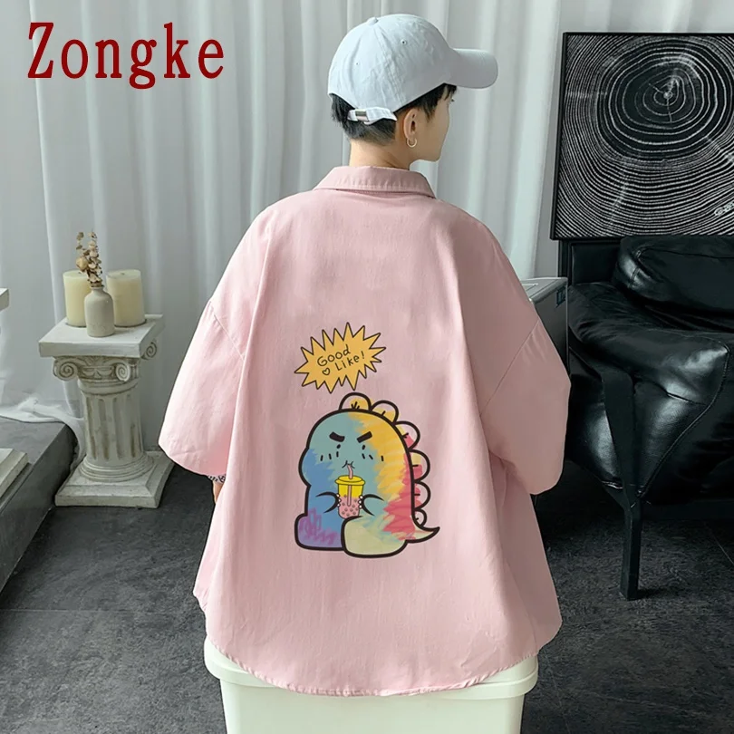 

Zongke Cartoon Printed Casual Shirts For Men Clothing Korean Fashion Men Shirts Short Sleeve M-5XL 2021 New Arrivals