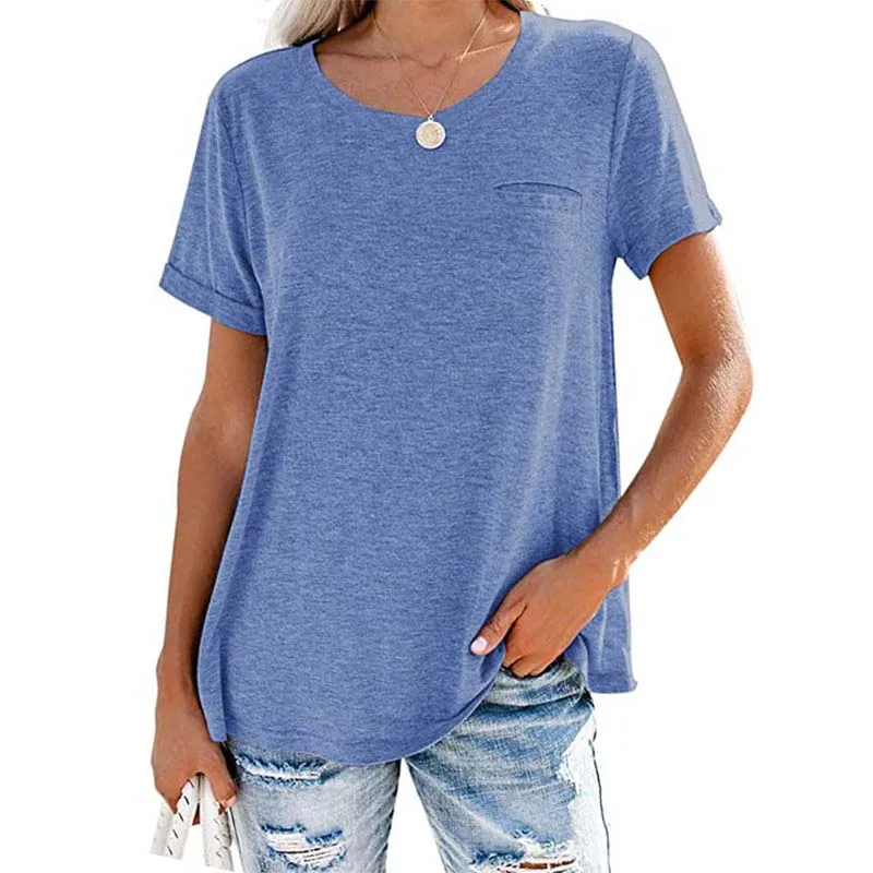 Solid Color O Neck Pocket Short Sleeve T Shirt Women Casual Loose Streetwear All-match Fashion Tops Female Plus Size Blouse