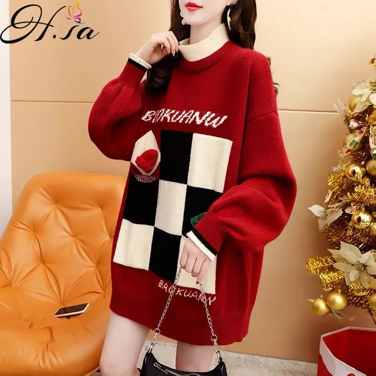 

Hsa Autumn And Winter 2021 New Knitwear Women Red Plaid Korean Style Loose O Neck Oversized Pullover Pull Femme Hiver