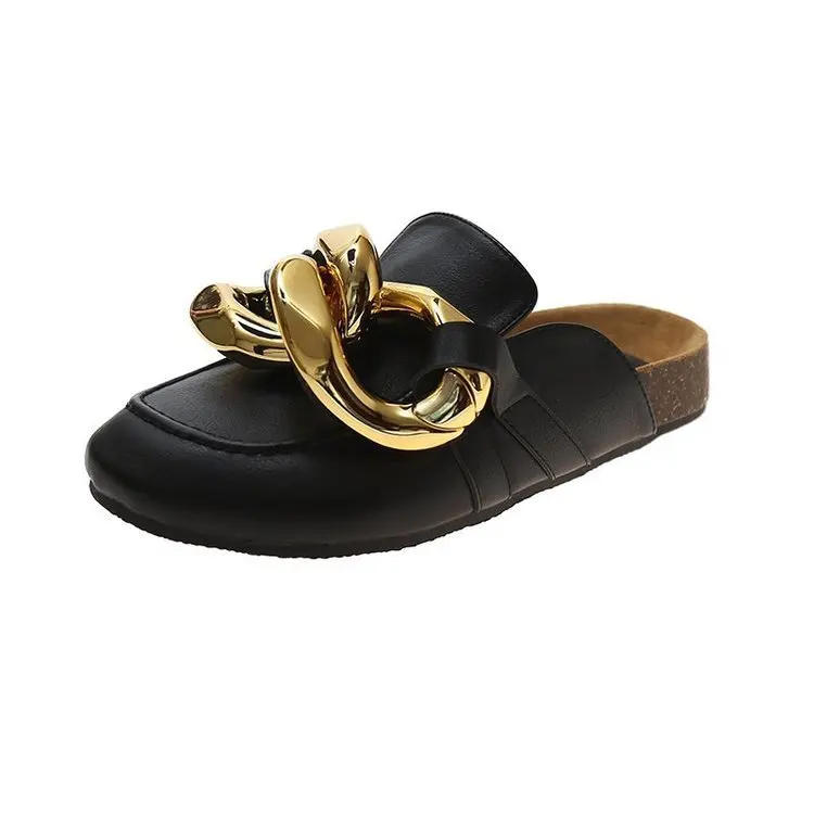

Big gold chain half slippers women's 2021 summer new British style shoes