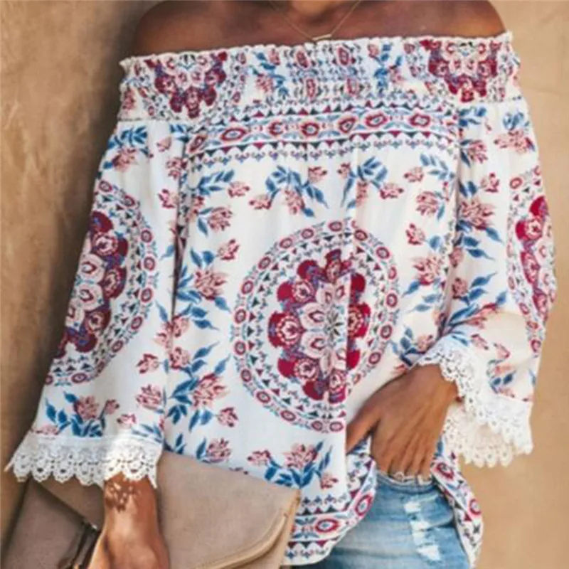 

Women Off Shoulder Tops Long Sleeve Floral Print Pullover Casual Blouse Hals Langarm Chiffon Summer Chiffon Blouse Lady