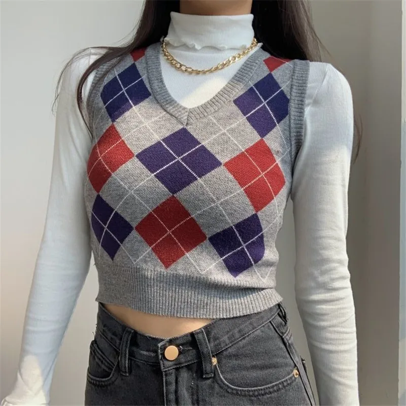 

New Preppy Style Argyle Plaid Knitted Sweater Vest Women Korean Fashion Casual Sleeveless Crop Knitwear 90s