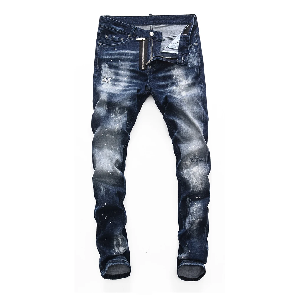 

2021DSQ Stretch Jeans Pants Men's Slim Jeans Denim Trousers Zipper Blue Hole Pencil Pants Men's Jeans