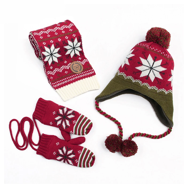 2019 new children's hat gloves scarf set winter warm boy girl snowflake baby pom ponytail Kids of 3 | Детская одежда и обувь