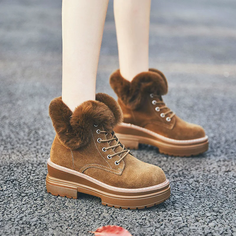 

SWYIVY Genuine Leather Ankle Boots Women Fur Shoes 2020 Winter New Rabbit Fur Casual High Top Snow Boots Black Female Boots